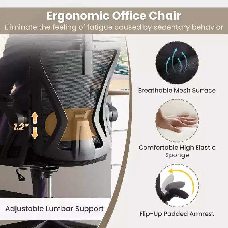Ergonomic Mesh Office Chair with Adjustable Lumbar Support & Headrest, Black