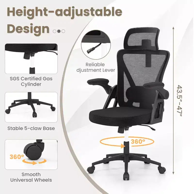 Ergonomic Mesh Office Chair with Adjustable Lumbar Support & Headrest, Black