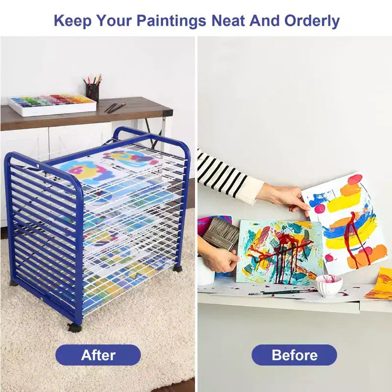 Mobile Art Drying Rack with 16 Adjustable Wire Shelves and Wheels