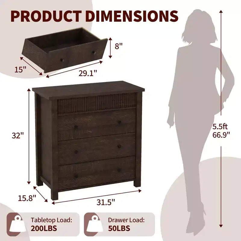 5-Drawer Fluted Wooden Dresser in Walnut