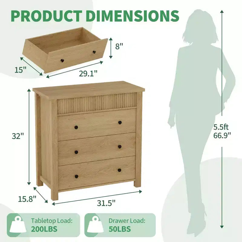 5-Drawer Fluted Wooden Dresser in Walnut
