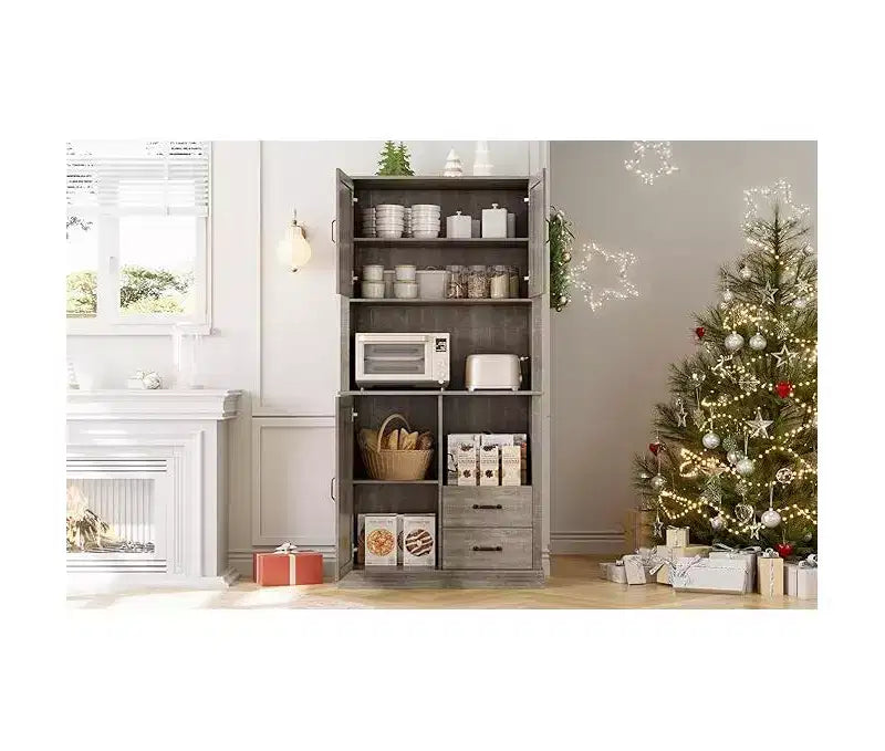 Tall Bar Cabinet with Adjustable Shelves, Drawers & Microwave Stand