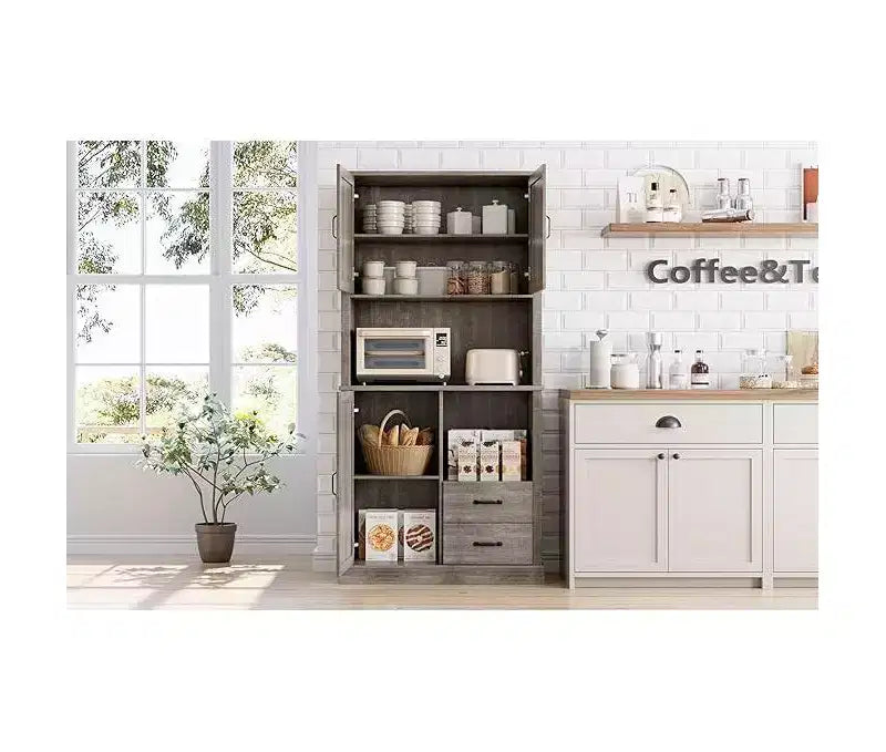 Tall Bar Cabinet with Adjustable Shelves, Drawers & Microwave Stand