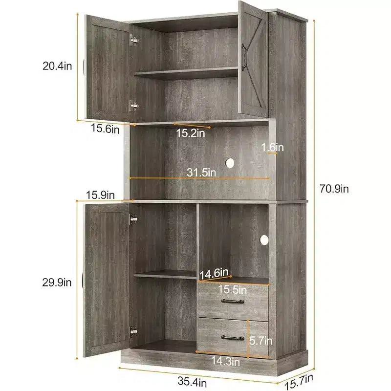 Tall Bar Cabinet with Adjustable Shelves, Drawers & Microwave Stand