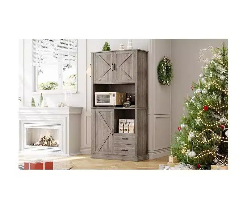 Tall Bar Cabinet with Adjustable Shelves, Drawers & Microwave Stand