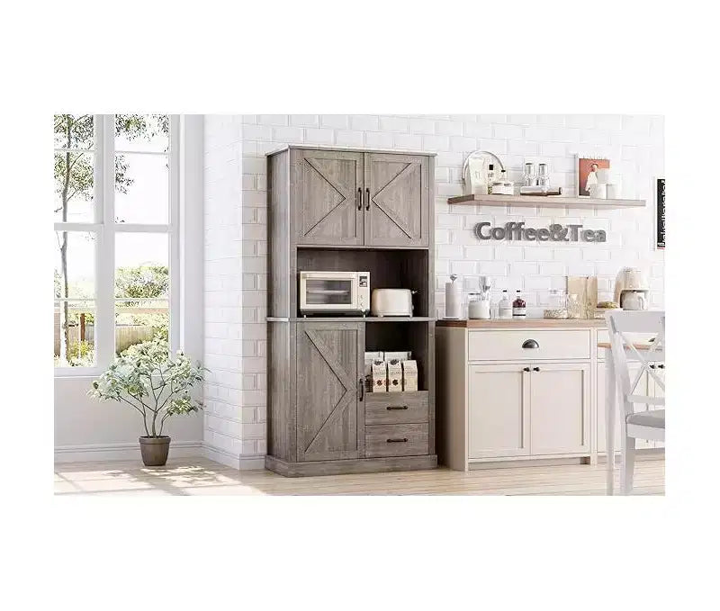 Tall Bar Cabinet with Adjustable Shelves, Drawers & Microwave Stand