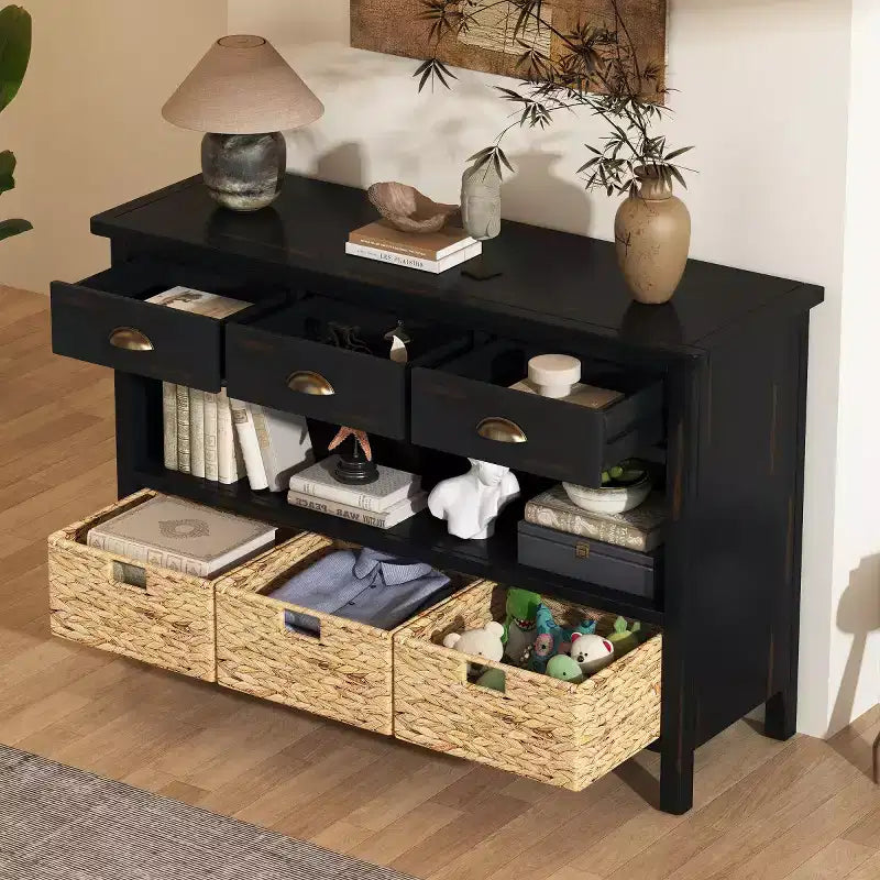 Farmhouse Entryway Console Table with 3 Drawers & 3 Water Hyacinth Baskets
