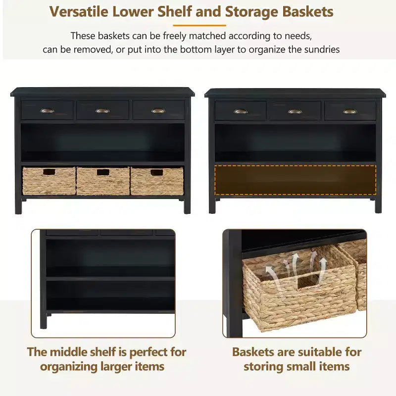 Farmhouse Entryway Console Table with 3 Drawers & 3 Water Hyacinth Baskets
