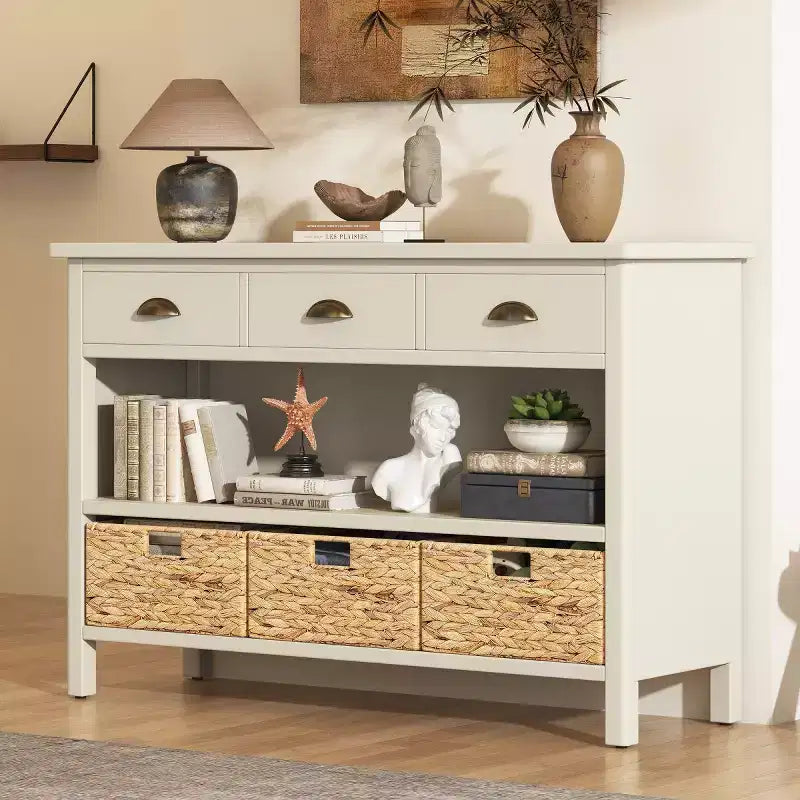 Farmhouse Entryway Console Table with 3 Drawers & 3 Water Hyacinth Baskets