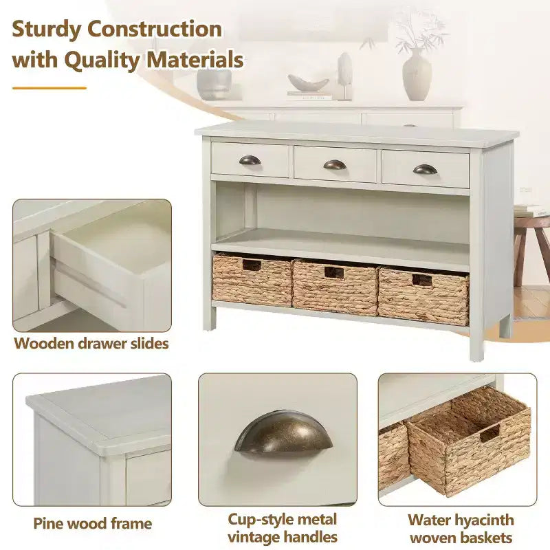 Farmhouse Entryway Console Table with 3 Drawers & 3 Water Hyacinth Baskets
