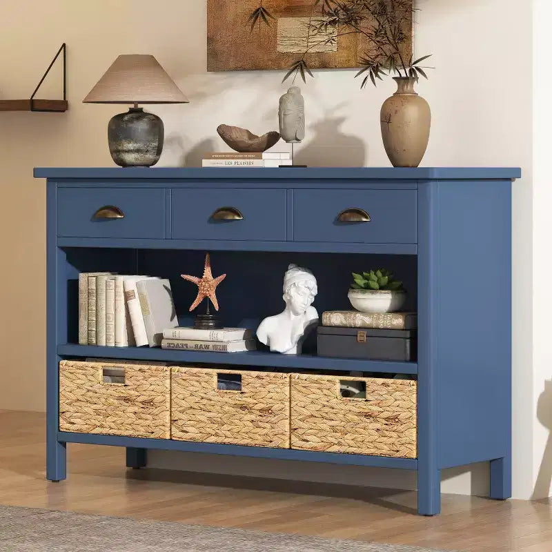 Farmhouse Entryway Console Table with 3 Drawers & 3 Water Hyacinth Baskets