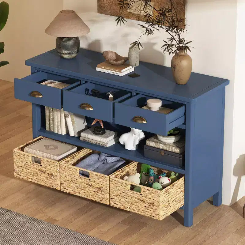 Farmhouse Entryway Console Table with 3 Drawers & 3 Water Hyacinth Baskets