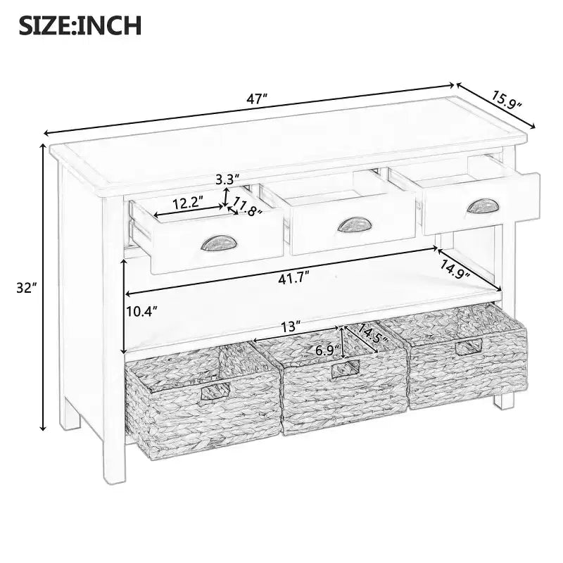 Farmhouse Entryway Console Table with 3 Drawers & 3 Water Hyacinth Baskets