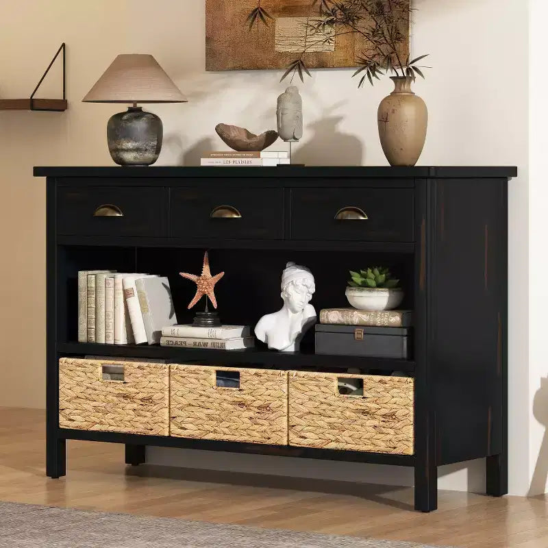 Farmhouse Entryway Console Table with 3 Drawers & 3 Water Hyacinth Baskets