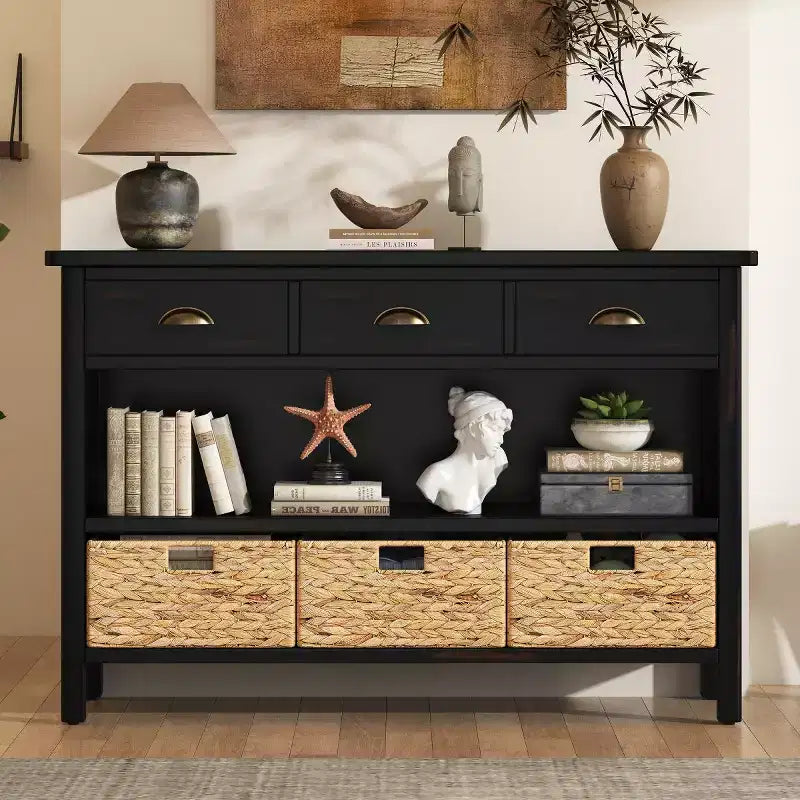 Farmhouse Entryway Console Table with 3 Drawers & 3 Water Hyacinth Baskets