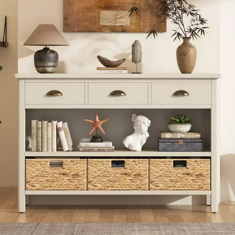 Farmhouse Entryway Console Table with 3 Drawers & 3 Water Hyacinth Baskets