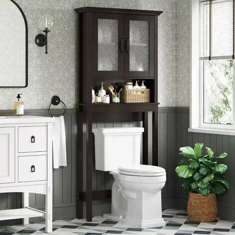 Over-Toilet Storage Cabinet with Glass Doors & Adjustable Shelf, Espresso