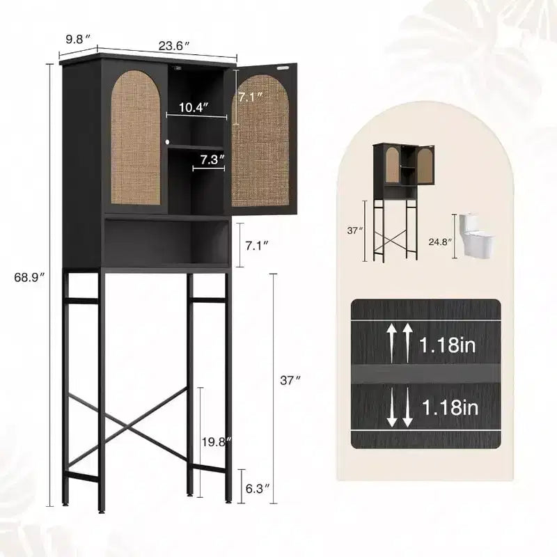 Rattan Over-Toilet Storage Cabinet with Adjustable Shelf, Tall Freestanding