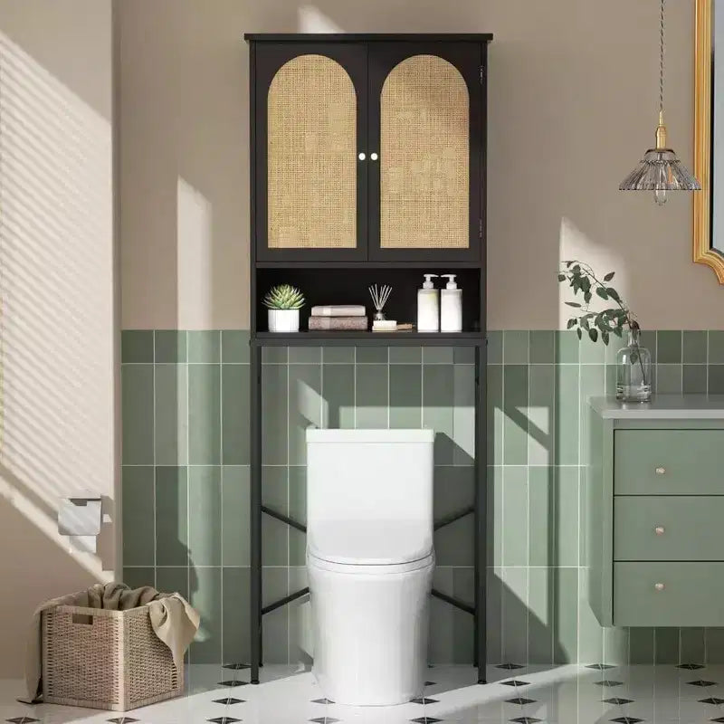Rattan Over-Toilet Storage Cabinet with Adjustable Shelf, Tall Freestanding