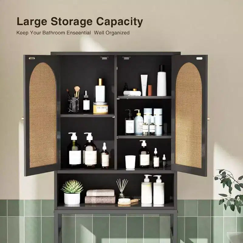 Rattan Over-Toilet Storage Cabinet with Adjustable Shelf, Tall Freestanding
