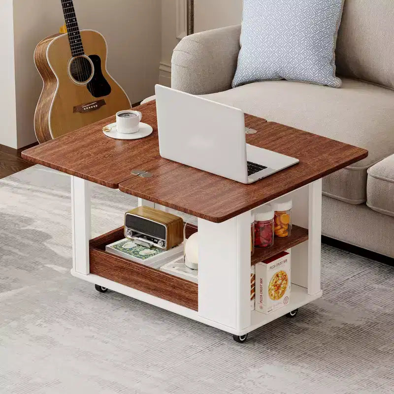 Farmhouse Coffee Table with Storage and Foldable Top, Walnut & White