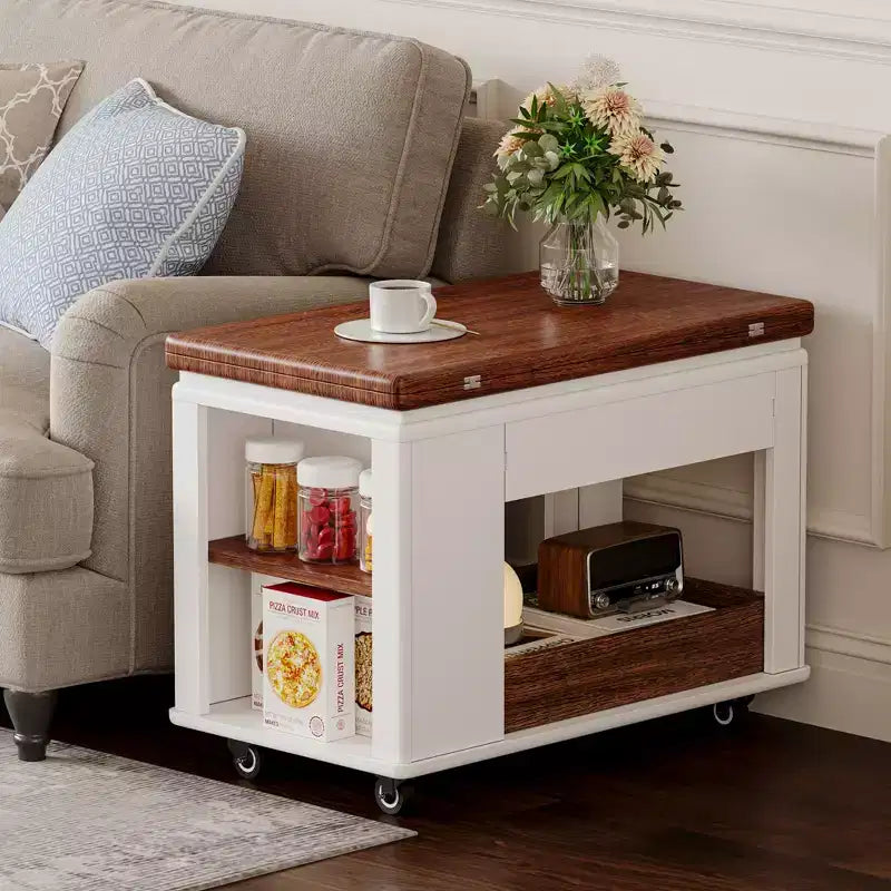 Farmhouse Coffee Table with Storage and Foldable Top, Walnut & White