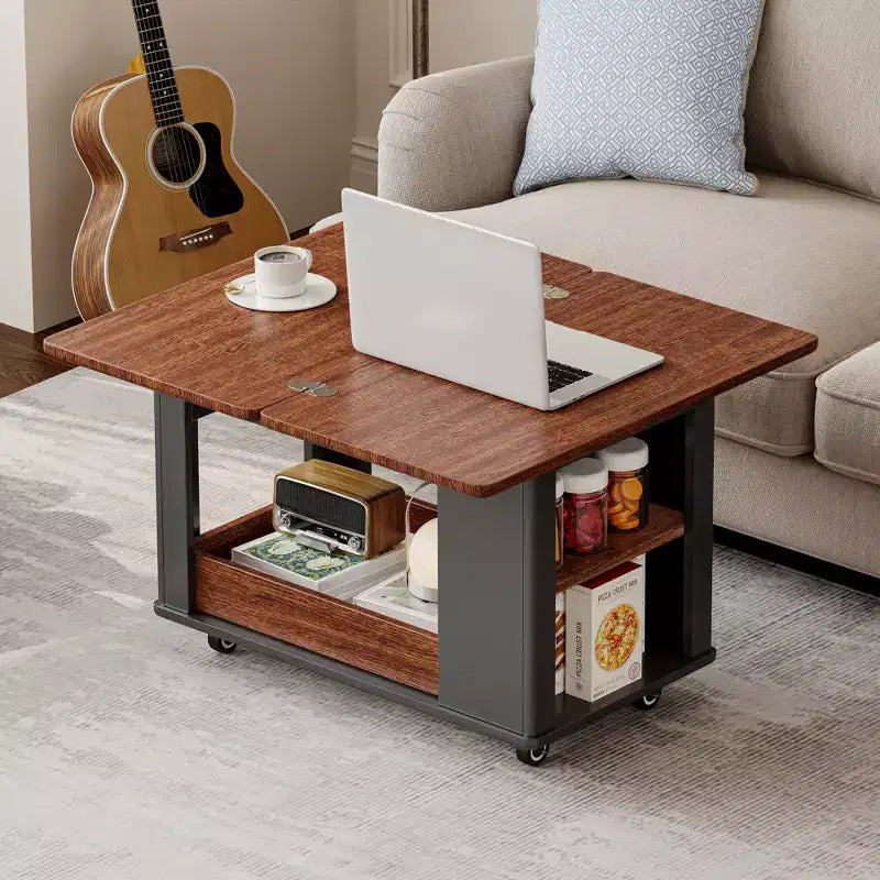 Farmhouse Coffee Table with Storage and Foldable Top, Walnut & White