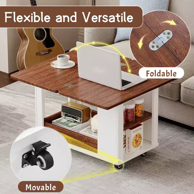 Farmhouse Coffee Table with Storage and Foldable Top, Walnut & White