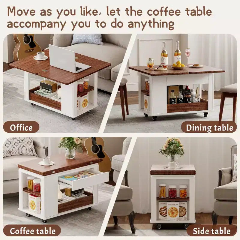 Farmhouse Coffee Table with Storage and Foldable Top, Walnut & White