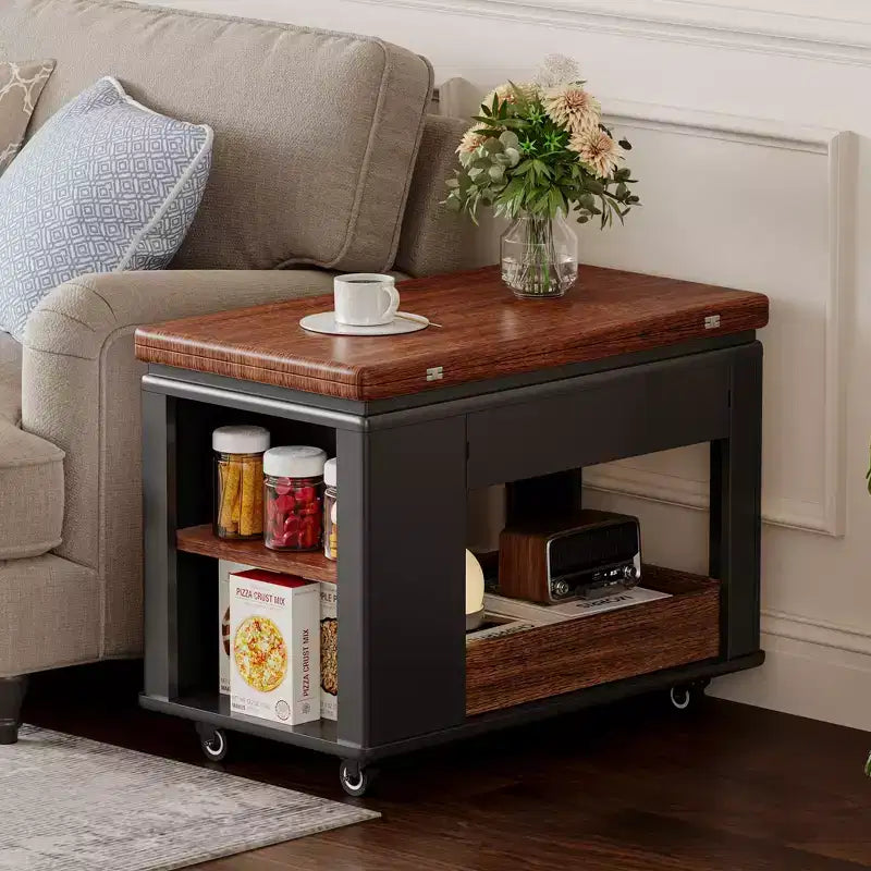 Farmhouse Coffee Table with Storage and Foldable Top, Walnut & White