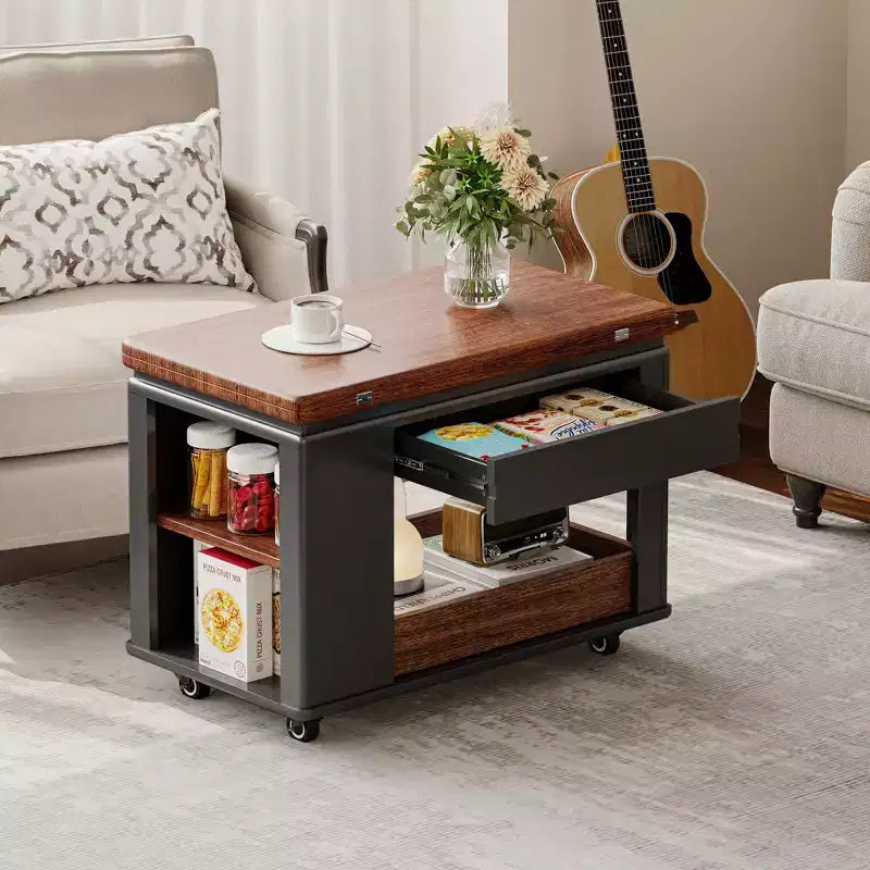 Farmhouse Coffee Table with Storage and Foldable Top, Walnut & White