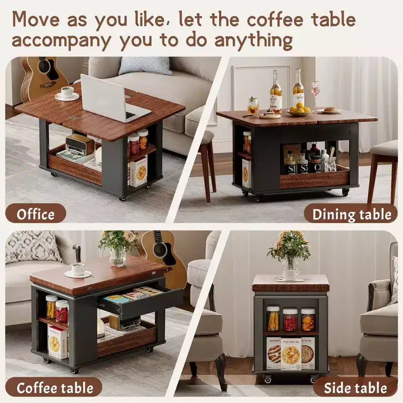 Farmhouse Coffee Table with Storage and Foldable Top, Walnut & White