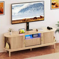 Fluted TV Stands with Mount, LED Entertainment Center for 75 Inch TVs, Curved TV Stand with Power Outlets & LED Light for Living Room,Natural Oak