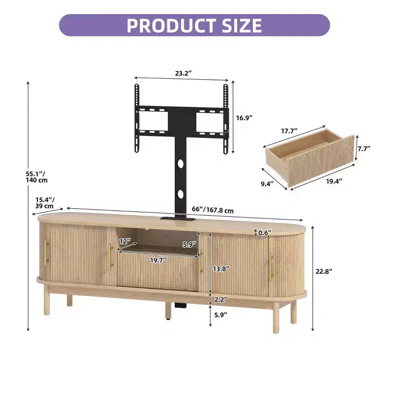 Fluted TV Stand with Mount, LED Entertainment Center for 75" TVs, Natural Oak