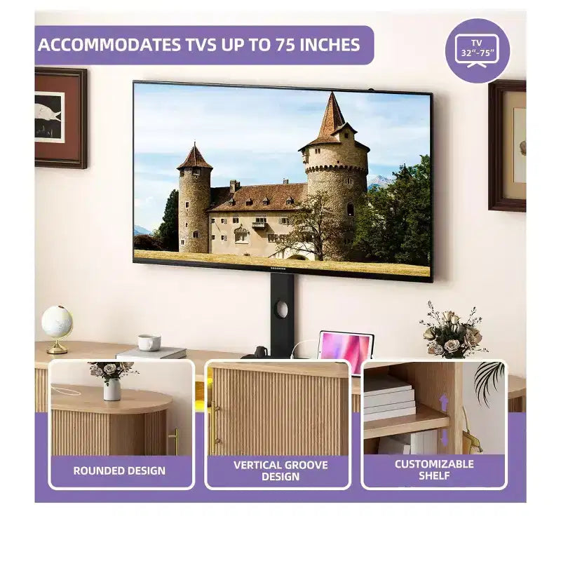 Fluted TV Stand with Mount, LED Entertainment Center for 75" TVs, Natural Oak