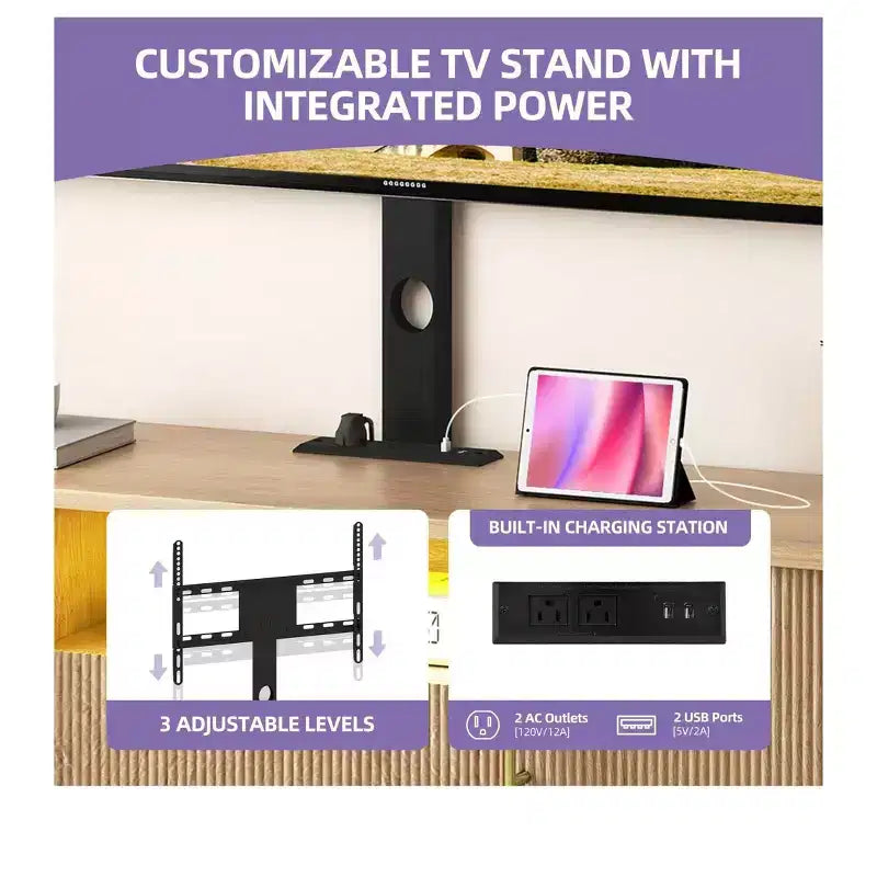 Fluted TV Stand with Mount, LED Entertainment Center for 75" TVs, Natural Oak
