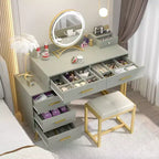 Vanity Desk with LED Mirror, Stool & 6 Wood Drawers, White