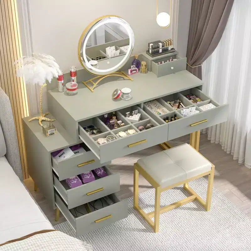 Vanity Desk with LED Mirror, Stool & 6 Wood Drawers, White