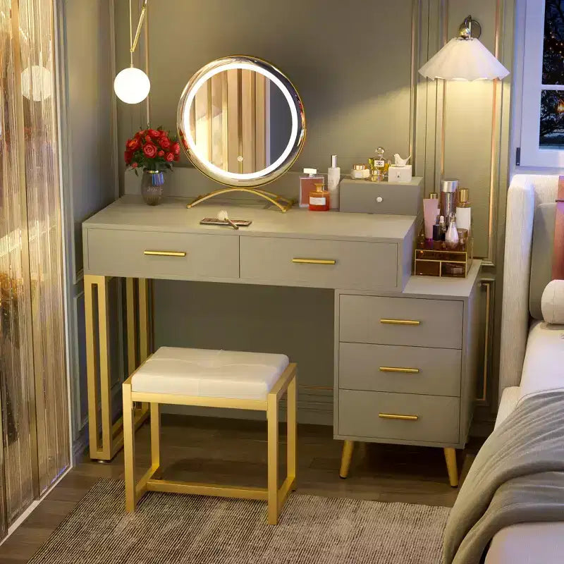 Vanity Desk with LED Mirror, Stool & 6 Wood Drawers, White