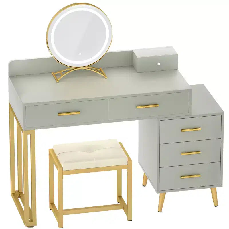 Vanity Desk with LED Mirror, Stool & 6 Wood Drawers, White
