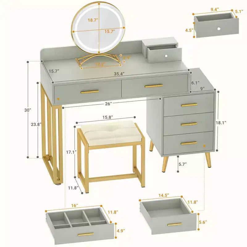 Vanity Desk with LED Mirror, Stool & 6 Wood Drawers, White