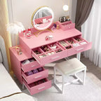 Vanity Desk with LED Mirror, Stool & 6 Wood Drawers, White