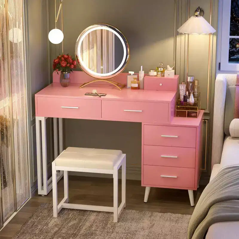 Vanity Desk with LED Mirror, Stool & 6 Wood Drawers, White