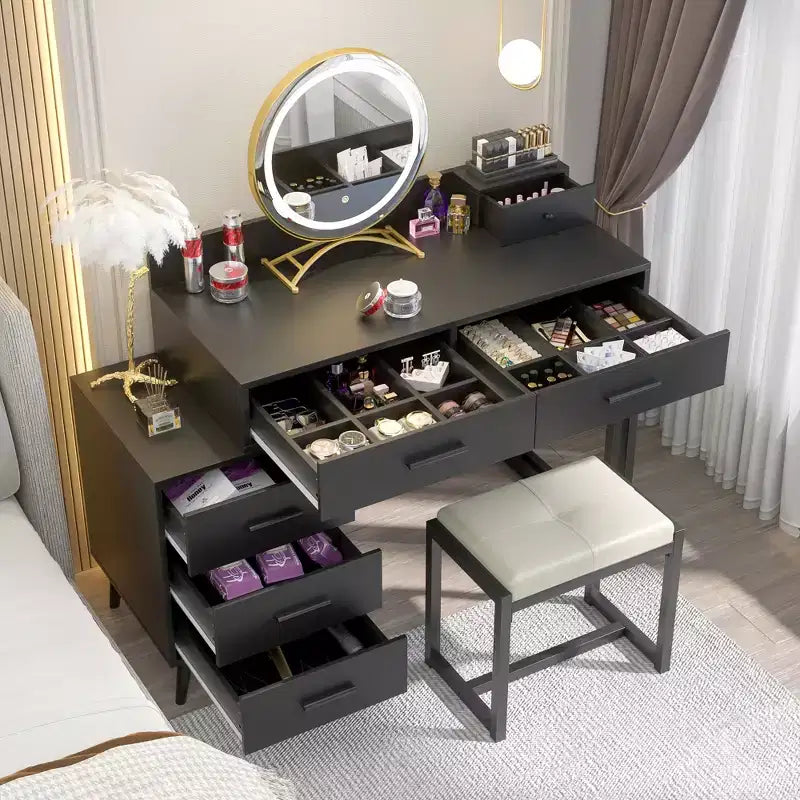 Vanity Desk with LED Mirror, Stool & 6 Wood Drawers, White