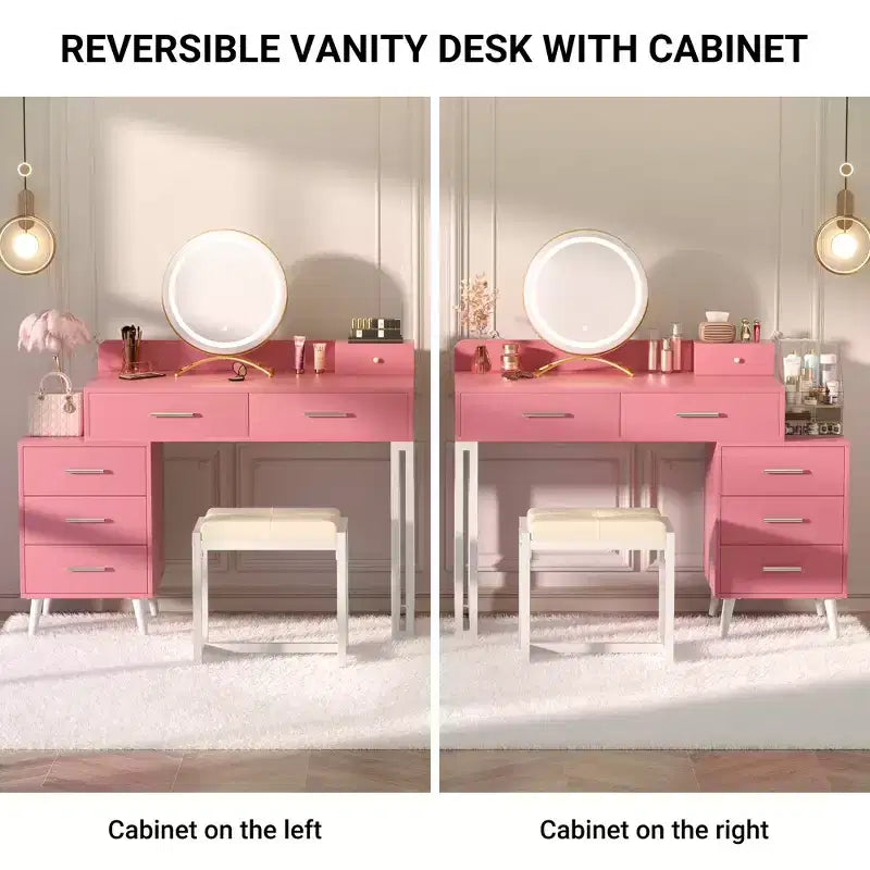 Vanity Desk with LED Mirror, Stool & 6 Wood Drawers, White
