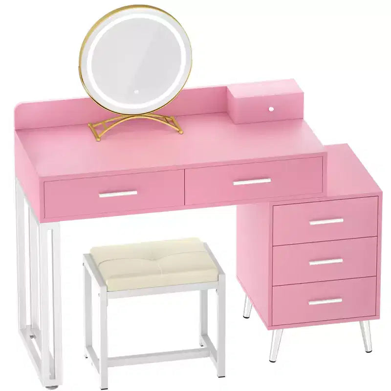 Vanity Desk with LED Mirror, Stool & 6 Wood Drawers, White