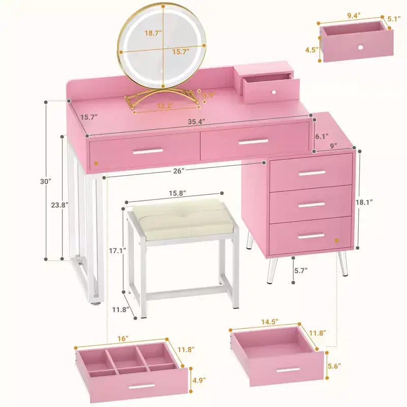 Vanity Desk with LED Mirror, Stool & 6 Wood Drawers, White