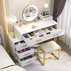 Vanity Desk with LED Mirror, Stool & 6 Wood Drawers, White