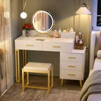 Vanity Desk with LED Mirror, Stool & 6 Wood Drawers, White