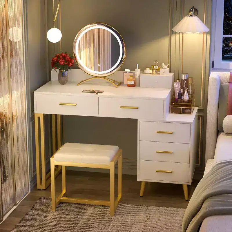 Vanity Desk with LED Mirror, Stool & 6 Wood Drawers, White
